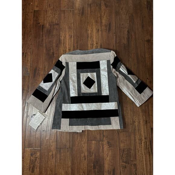 Adrienne Landau Genuine Leather Coat Womens S Metallic Art Colorblock Silver NWT - Picture 2 of 11